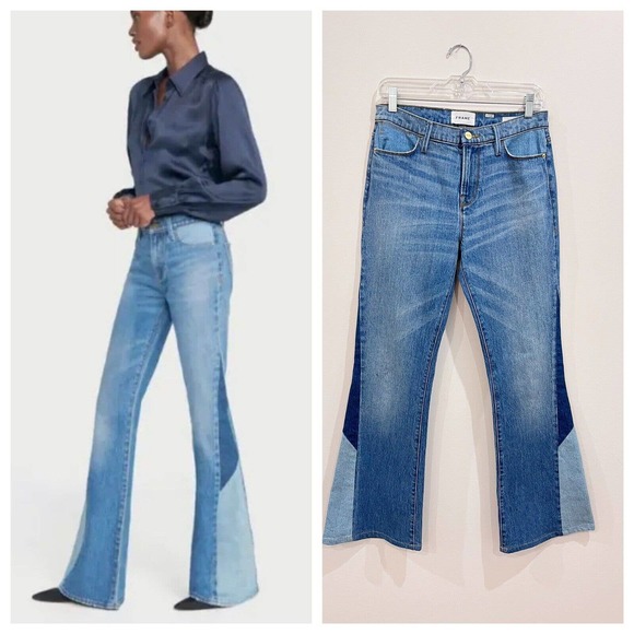 Frame Le High Flare Diagonal Block Boho Patchwork Hippie Jeans 26 29inseam - Picture 1 of 16